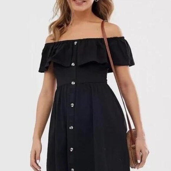 ASOS DESIGN Dress Black Off Shoulder Ruffle Button Through Size 0 Brand New - Picture 2 of 6